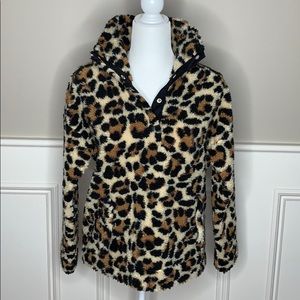 NWT J. Crew Snap-Collar Sherpa Sweatshirt Leopard